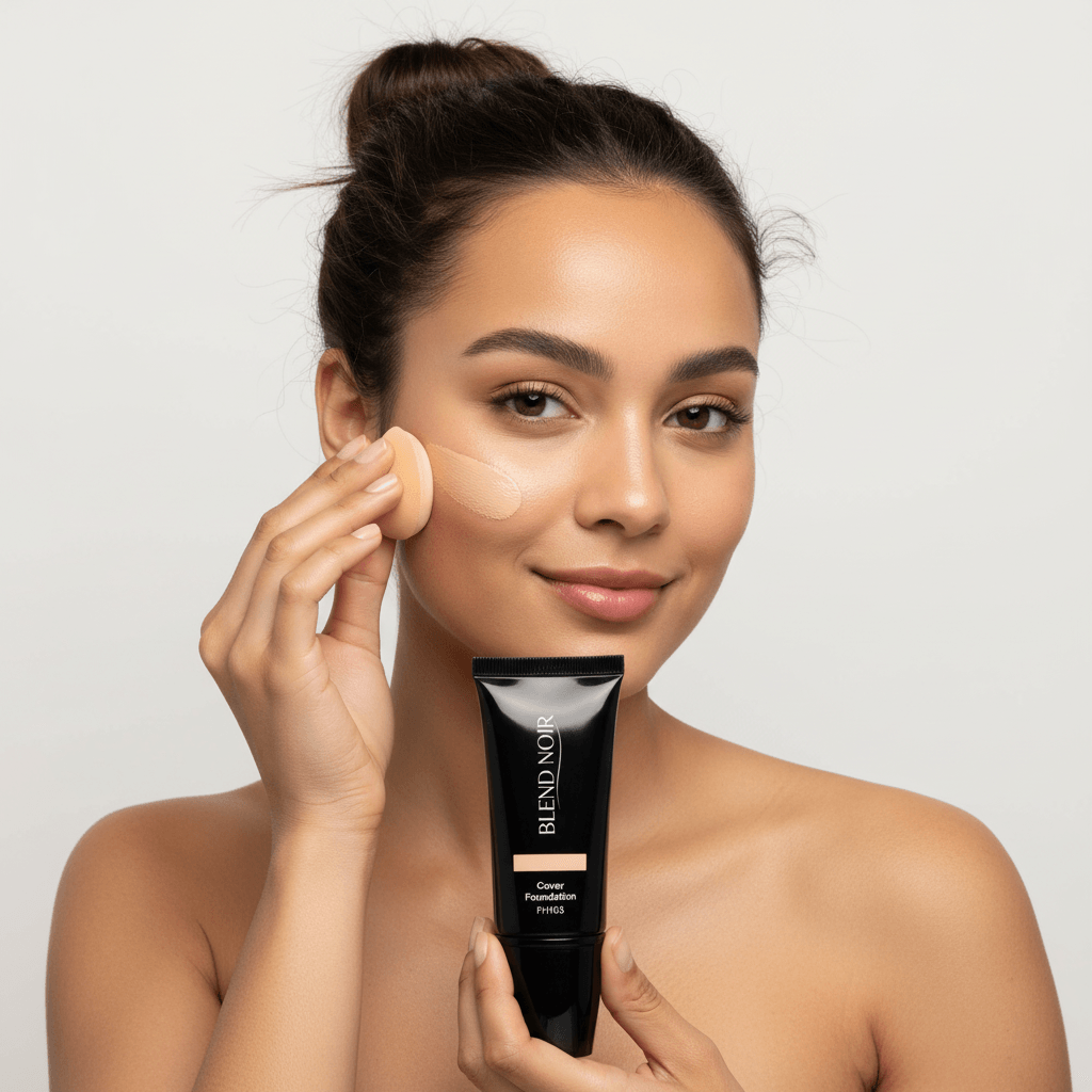 Blend Noir Full Cover Foundation - Tuscan on a woman applying it with a sponge.