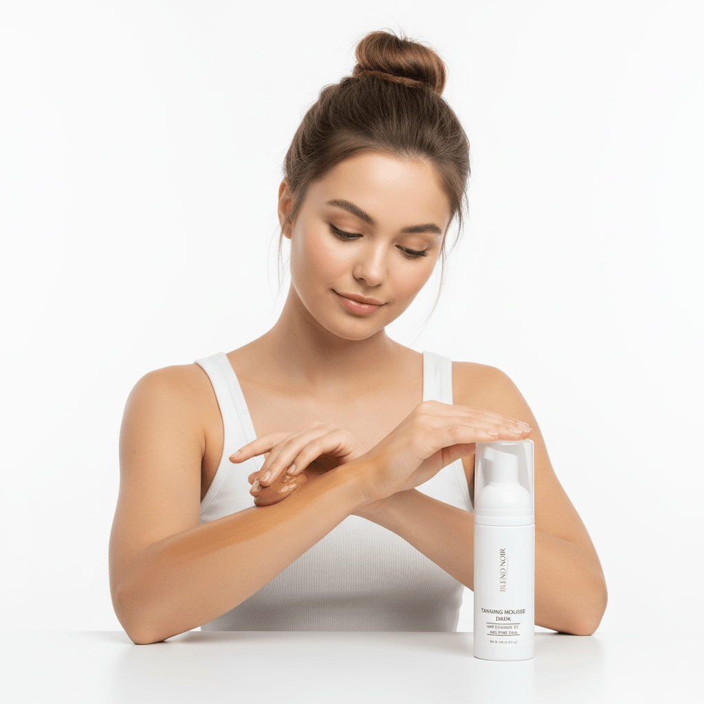 Woman with dark tanning mousse on her arm, next to a bottle of Tanning Mousse - Dark.