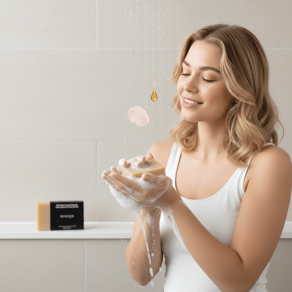 Natural Rose & Honey soap bar with lather in woman's hands, with soap box in background.